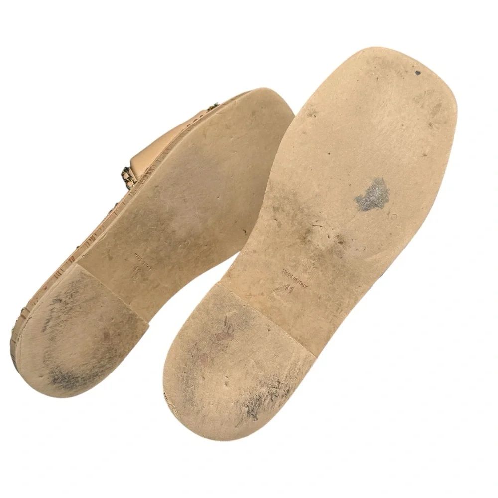 Chanel CC Chain Trim Quilted Slide Sandals Beige Leather Platform Size 41 Italy - Picture 10 of 15